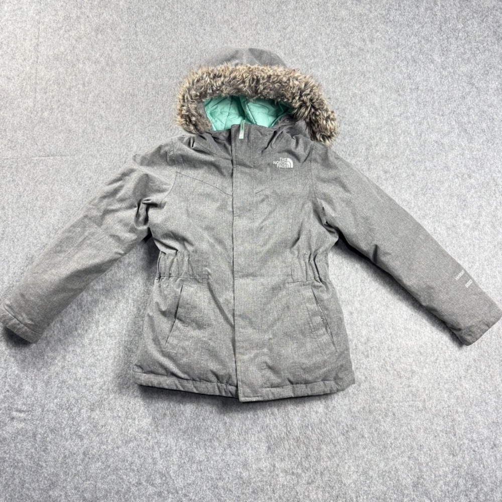 The North Face HyVent 550 Down Parka Girls M 10/12 Gray Faux Fur Hood Ski Snow